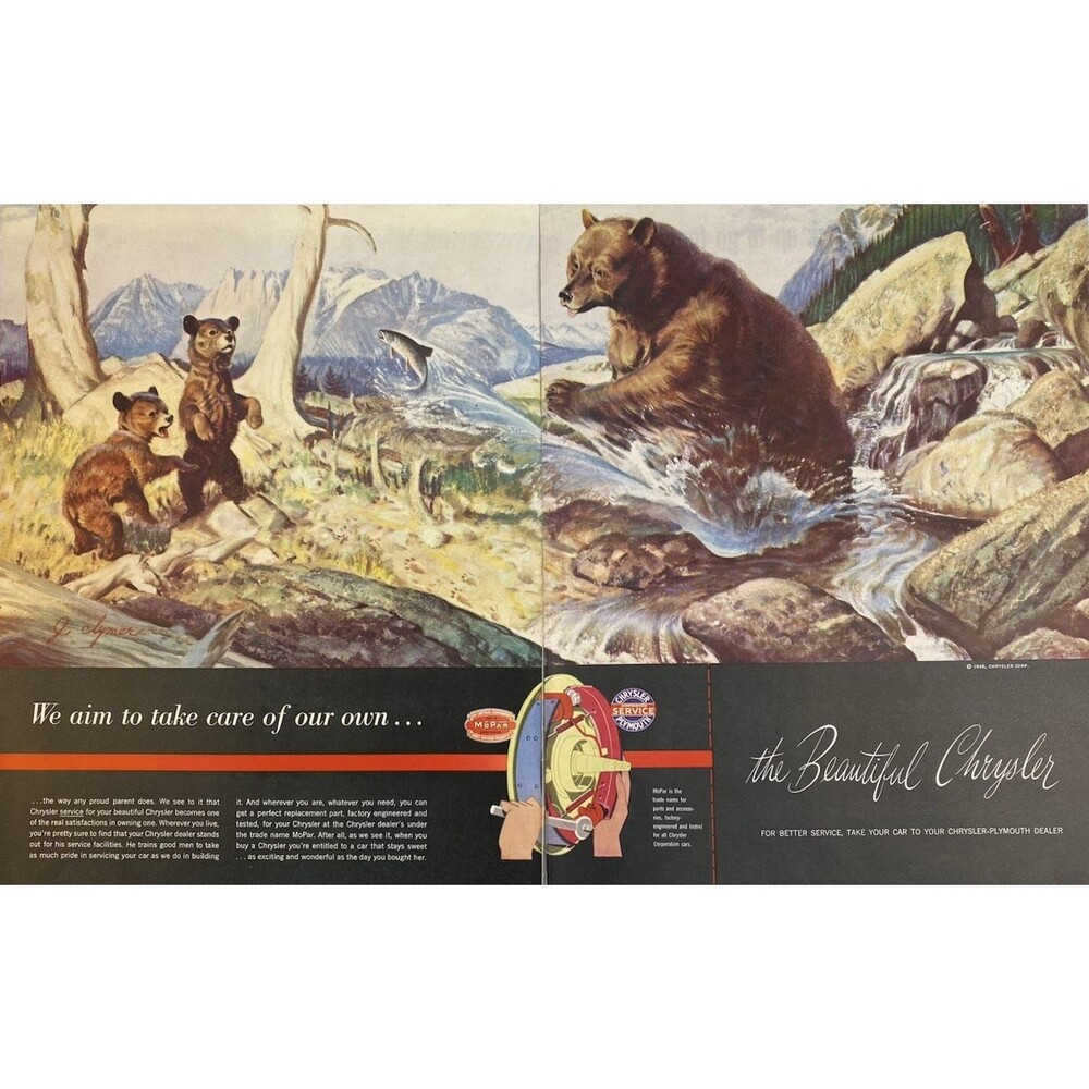 Chrysler Service "We Aim to Take Care of Our Own" 2-page Bear Cub Scene Ad 1948